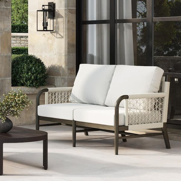 Luciano Solid Wood Frame Outdoor Loveseat with White Linen Cushion