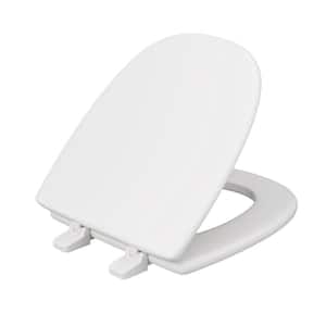 Molded Wood Round Closed Square Front Toilet Seat Fits Eljer Emblem with Cover and Adjustable Hinge in White
