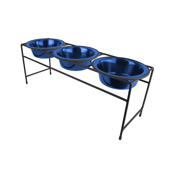 Platinum Pets Modern Triple Diner Feeder with Stainless Steel Cat/Dog Bowls, Sapphire Blue