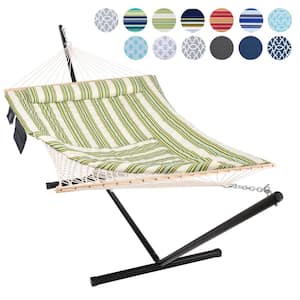 10 ft. x 12 ft. Quilted Rope Hammock and 12 ft. Steel Stand with Detachable Pillow, Green and Beige