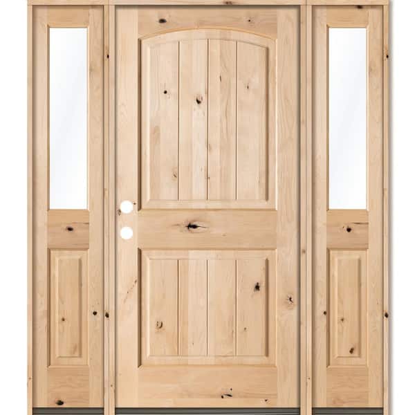 Krosswood Doors 58 in. x 80 in. Rustic Unfinished Knotty Alder Arch Top VG Right-Hand Half Sidelites Clear Glass Prehung Front Door