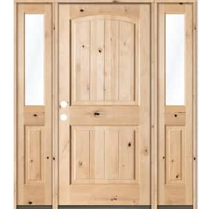 64 in. x 80 in. Rustic Unfinished Knotty Alder Arch Top VG Right-Hand Half Sidelites Clear Glass Prehung Front Door