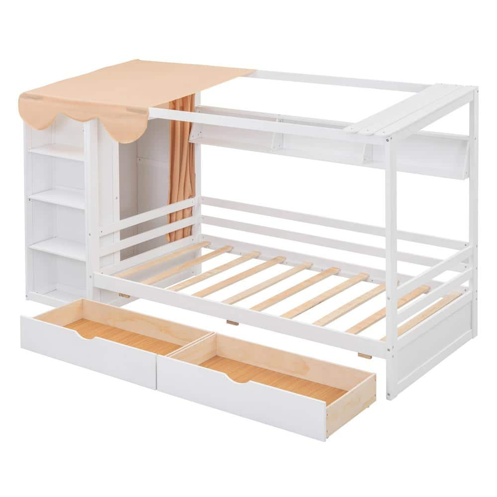 Nestfair White Twin Size House Platform Bed with Drawers, Shelves and Wardrobe