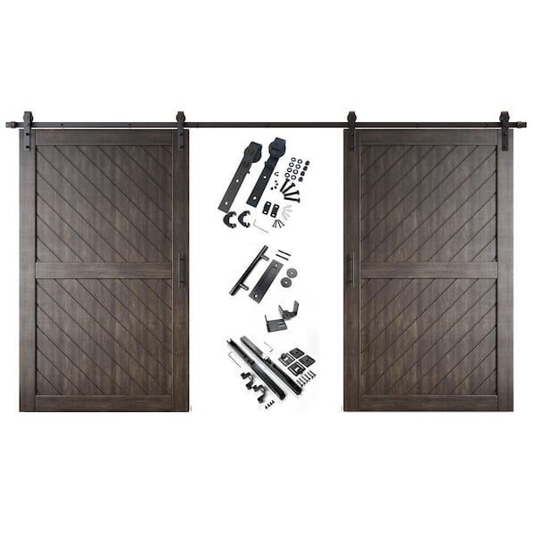 HOMACER XT2 50 in. x 80 in. C-Panel Ebony Slanted Stripe Design Double Pine Wood Sliding Barn Door with Hardware Kit