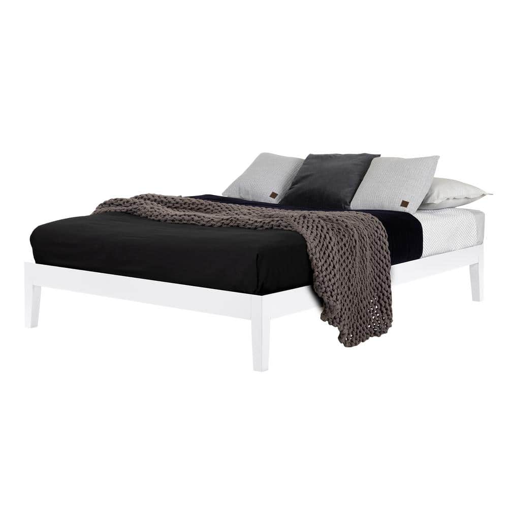 Pure White Solid Wood Queen Platform Bed with Upholstered Slats