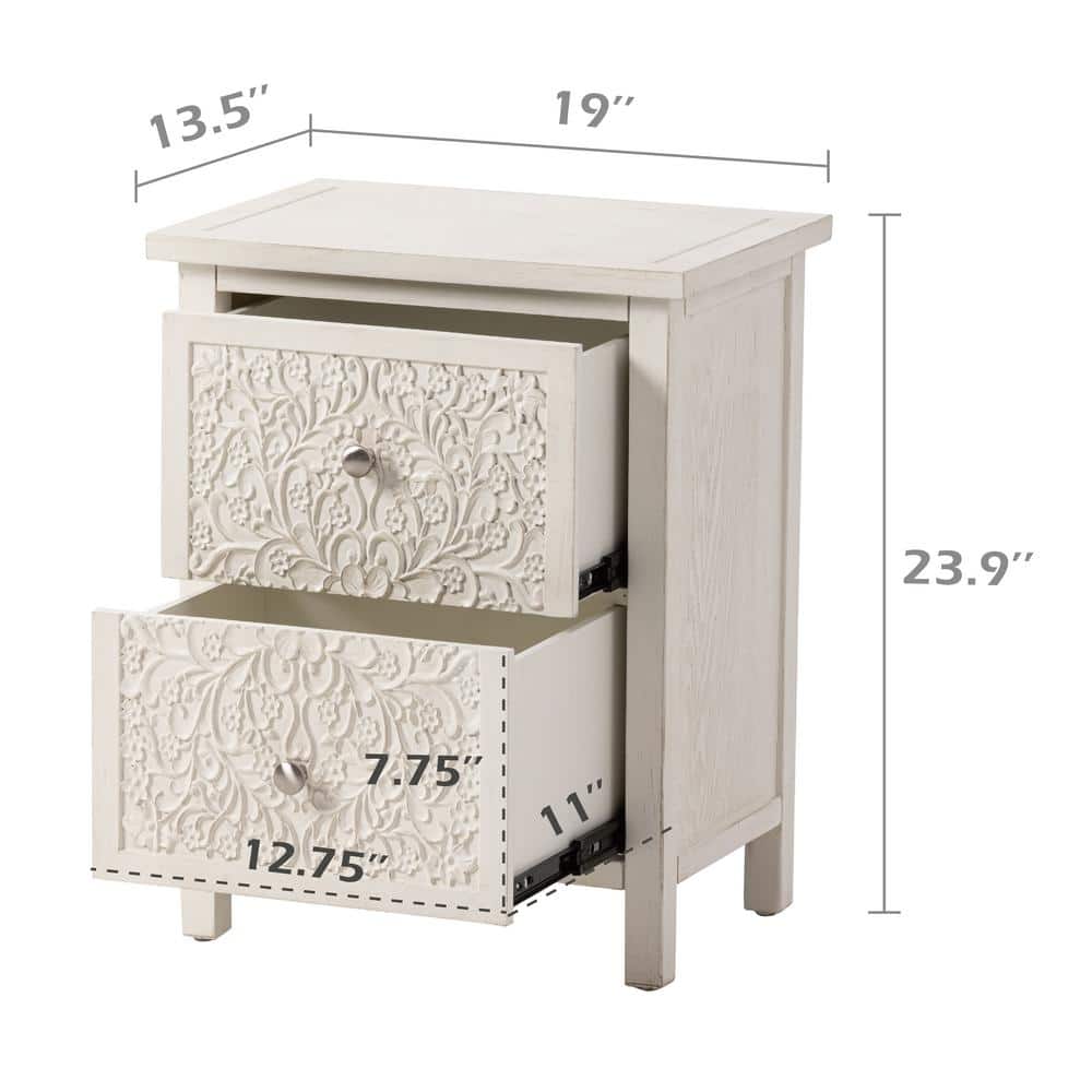 White-Washed Farmhouse 2-Drawer Nightstand with Floral Motif