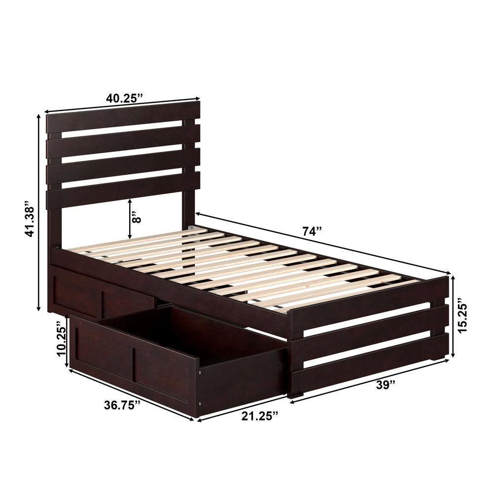 Espresso Twin Wood Storage Bed with Slatted Headboard and Drawers