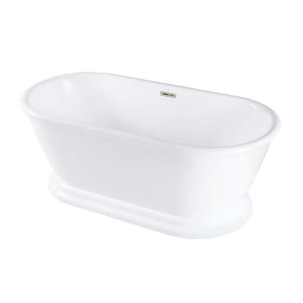 Kingston Brass Aqua Eden 60 in. x 27.9 in. Acrylic Flatbottom Soaking Freestanding Bathtub in Glossy White/Polished Nickel with Drain