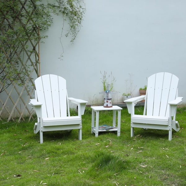 TIRAMISUBEST White HDPE Adirondack Chair Set with Tempered Glass Table (2 plus 1)​