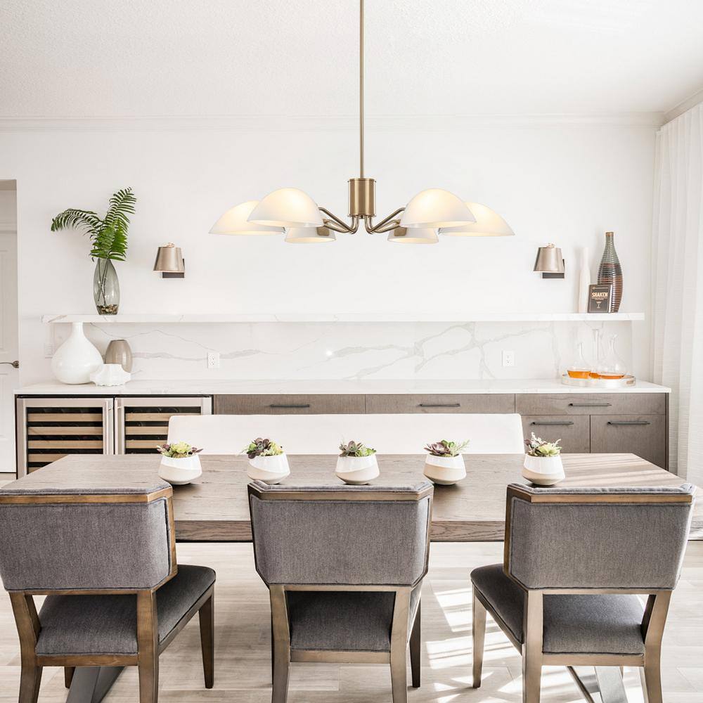 Modern Brass Chandelier with Milk Glass Shades, 6-Light