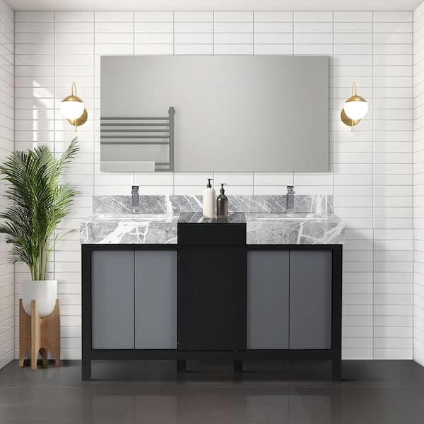 Lexora Zilara 55 in W x 22 in D Black and Grey Double Bath Vanity and Castle Grey Marble Top