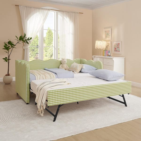 Green Wood Outdoor Cozy Gingham Day Bed Frame with Twin Size Trundle No Box Spring Needed