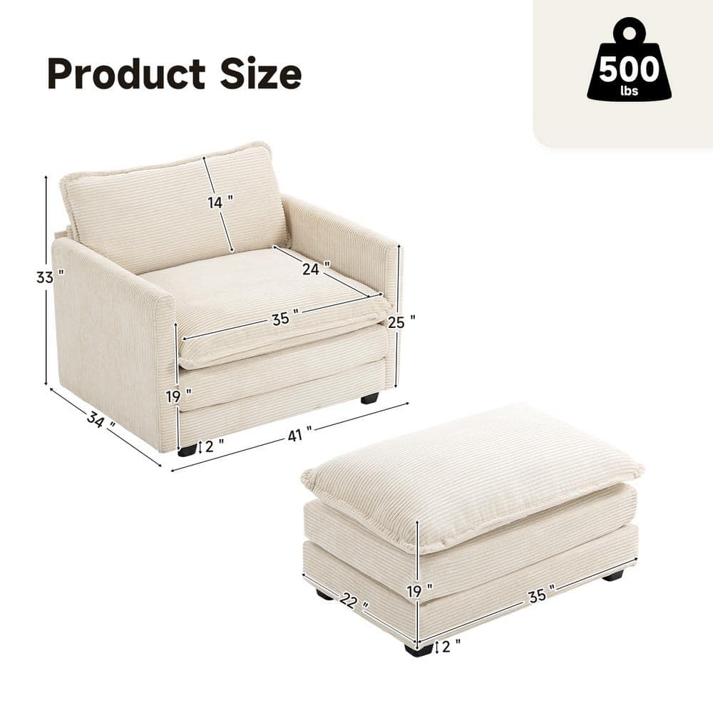 Beige Corduroy Club Chair with Ottoman and Metal Frame