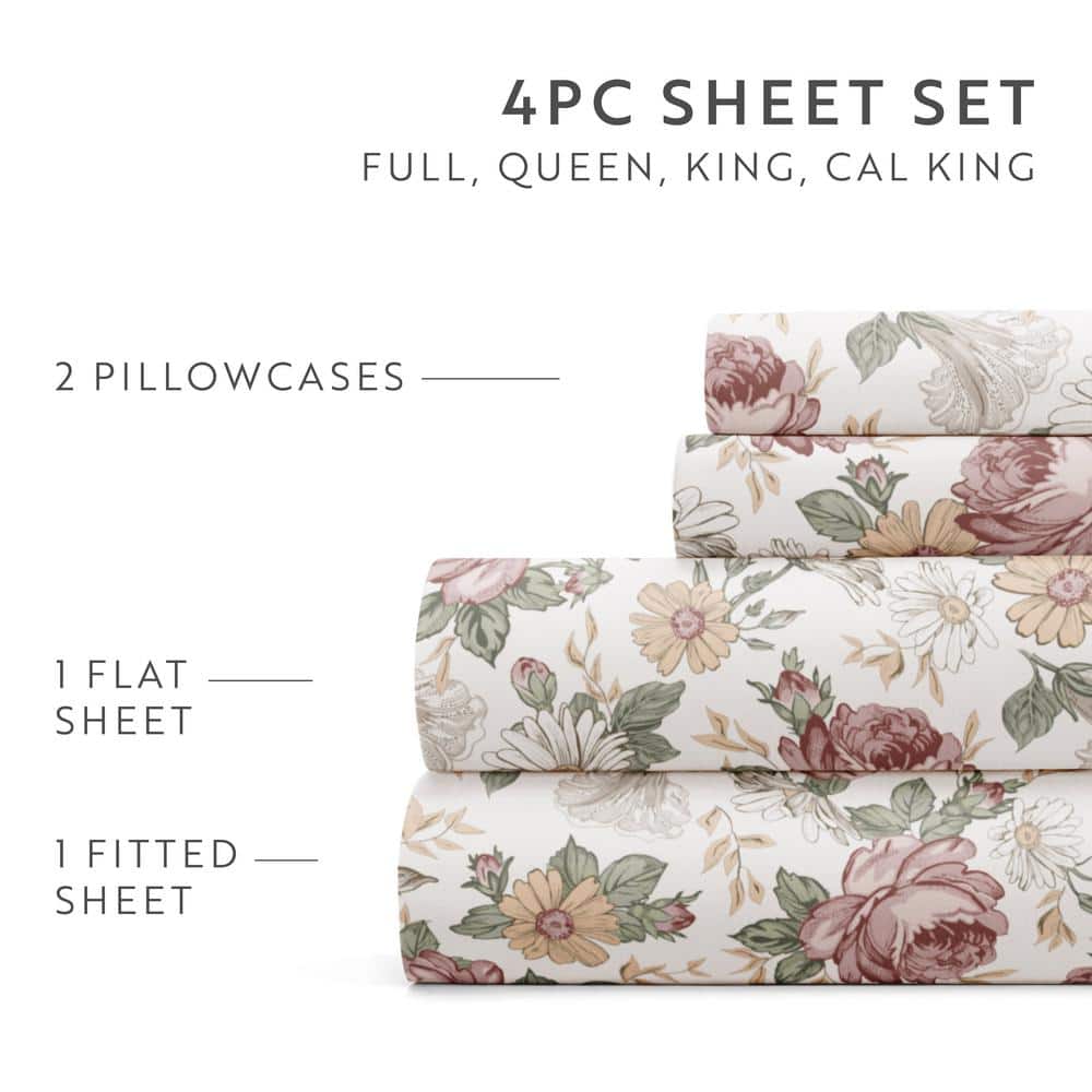 King Ivory Floral Microfiber Sheet Set with 16-inch Pocket Depth