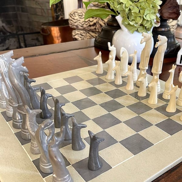 Global Crafts Hand-Carved Soapstone Chess Set with Safari Animal