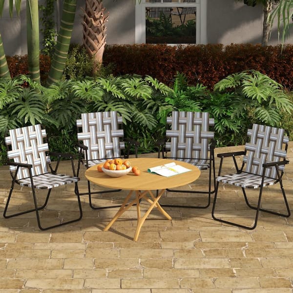 Brown Metal Folding Webbed Lawn Chairs, Outdoor Patio Folding Beach Chairs with Heavy Duty Frame (Set-4)