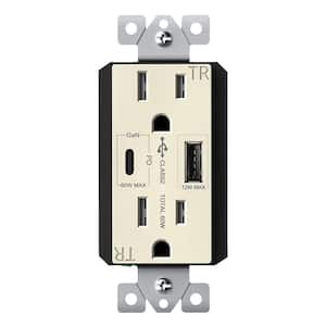 15 Amp Duplex Receptacle, 60-Watt Power Delivery USB Outlet Type A/C, 3 Ports, Light Almond