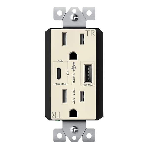 TOPGREENER 15 Amp Duplex Receptacle, 60-Watt Power Delivery USB Outlet Type A/C, 3 Ports, Light Almond