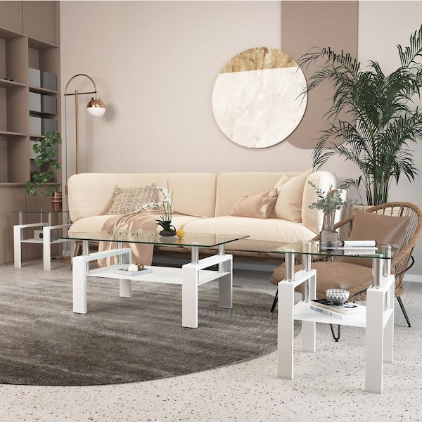 2 Piece17.7 in. Square Clear Tempered Glass Coffee Table with White Metal Legs,Lower Clear Frosted Table for Living Room