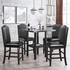 5-Piece Black Dining Table Set with PU Chairs and Bottom Shelf