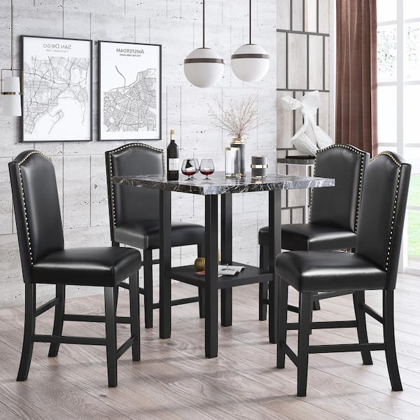 Harper & Bright Designs 5-Piece Black Dining Table Set with PU Chairs and Bottom Shelf