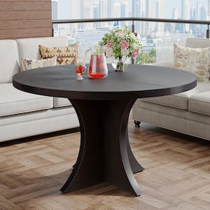 Halseey Black Wood 47 in. Pedestal Dining Table, Round Dinner Kitchen Dining Room Table Seats 4