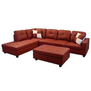 3-Piece Red Faux Leather 4-Seater Right-Facing Chaise Sectional Sofa with Ottoman