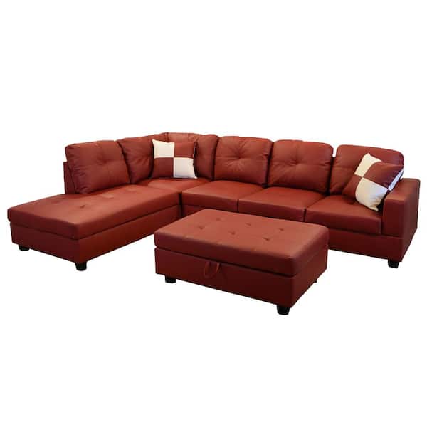 Star Home Living 3-Piece Red Faux Leather 4-Seater Right-Facing Chaise Sectional Sofa with Ottoman