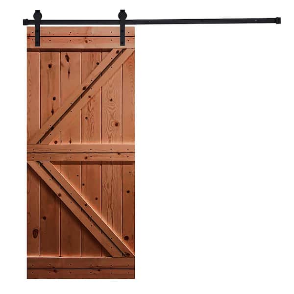 AIOPOP HOME 42 in. x 84 in. Modern K-Bar Series Daredevil Red Stained Knotty Pine Wood DIY Sliding Barn Door with Hardware Kit