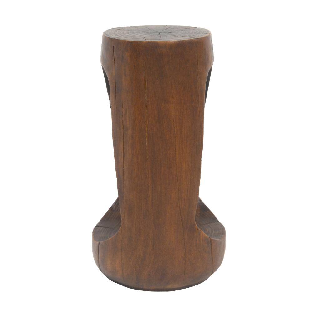 Wooden side table with a cylindrical top and curved base on a white background.
