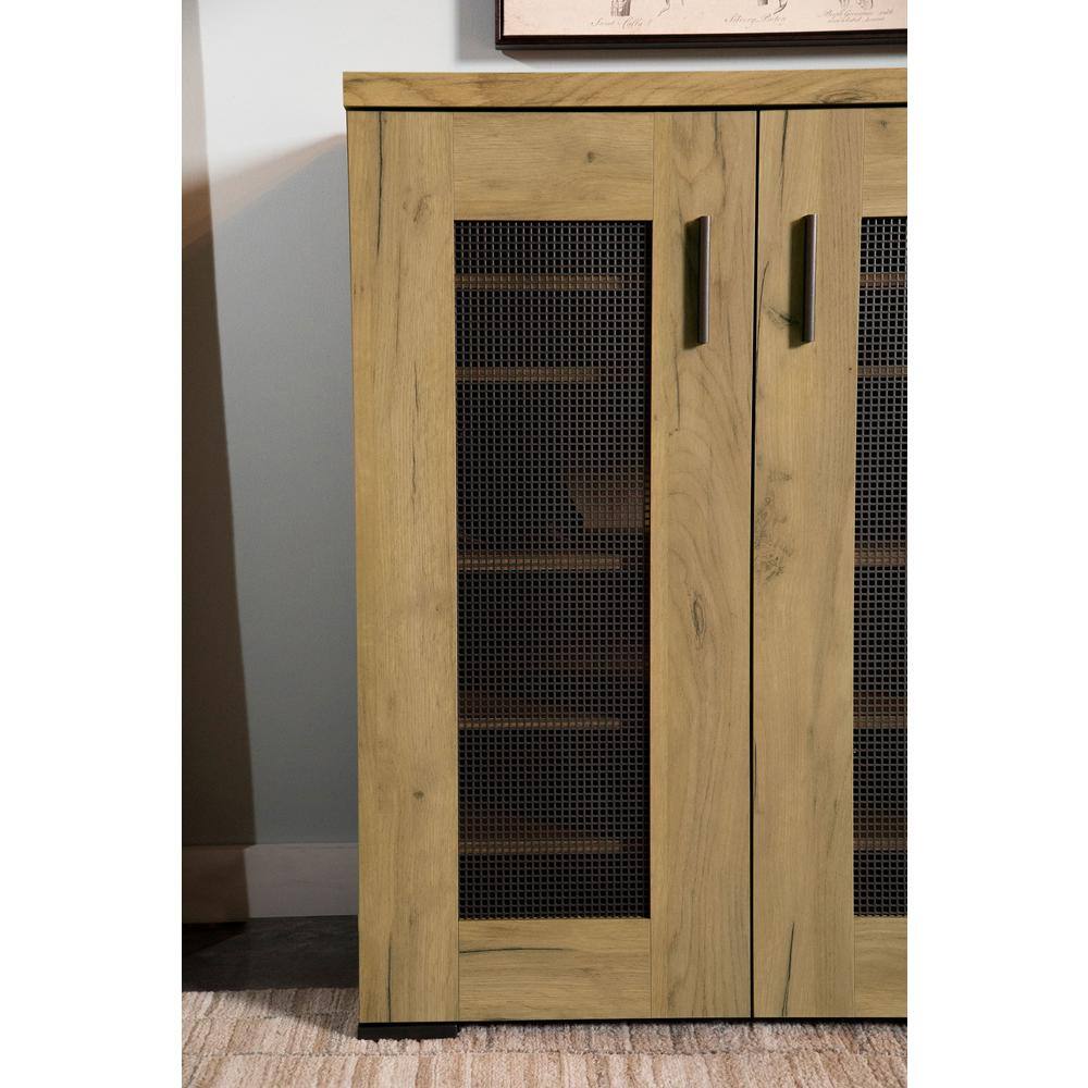 Golden Oak and Gunmetal Mesh Door Accent Cabinet