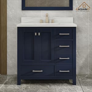 36 in. W x 22 in. D x 35.4 in. H Single Sink Bath Vanity in Navy Blue with White Marble Top and Basin [Free Faucet]