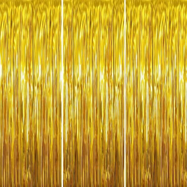 3000.00 in. 38 in. Gold Metallic Tinsel Foil Fringe Curtain Durable PET Sheer Shades for Windows Party Backdrop 3 pcs
