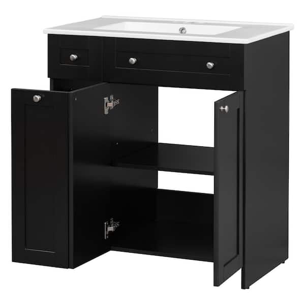 30 in. Single Sink Classic Black Bath Vanity with White Ceramic Top, Double-Tier Deep Drawer
