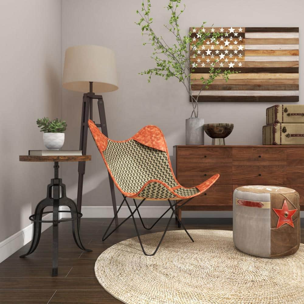 Zigzag Gray Leather Butterfly Accent Chair with Metal Frame