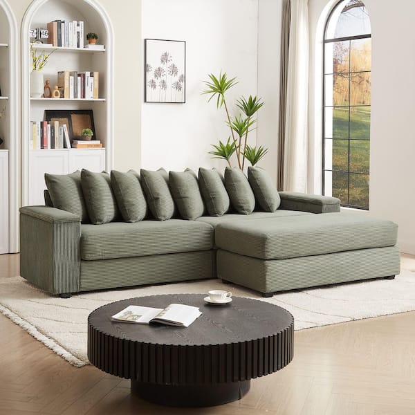Modern Oversized 104 in. W Square Arm Corduroy L-Shaped Sofa with Armrest Storage in Green