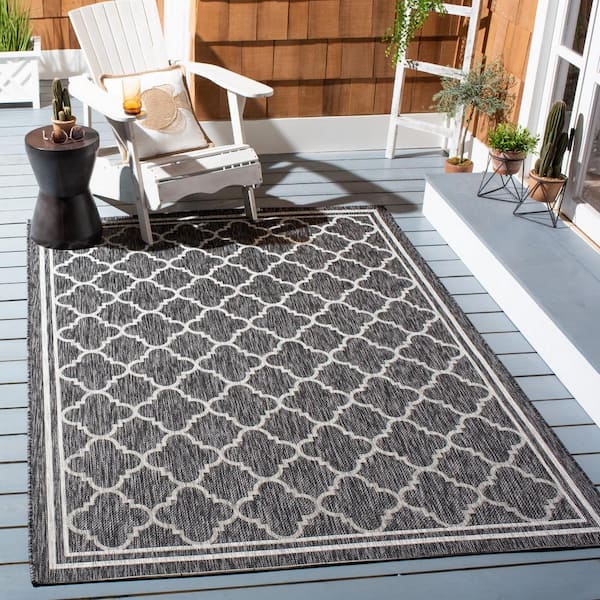 Courtyard Black Charcoal 8 ft. x 10 ft. Border Quatrefoil Indoor/Outdoor Patio  Area Rug