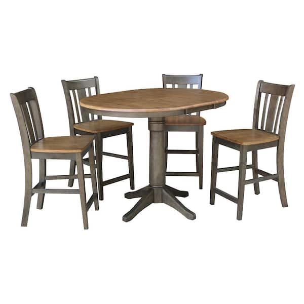 International Concepts Olivia 5-Piece 36 in. Hickory/Coal Extendable Solid Wood Counter Height Dining Set with San Remo Stools