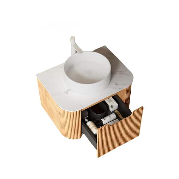 grossag 24 in. Wall-Mounted Natural Bath Vanity with White Ceramic Top and White Round Ceramic Basin