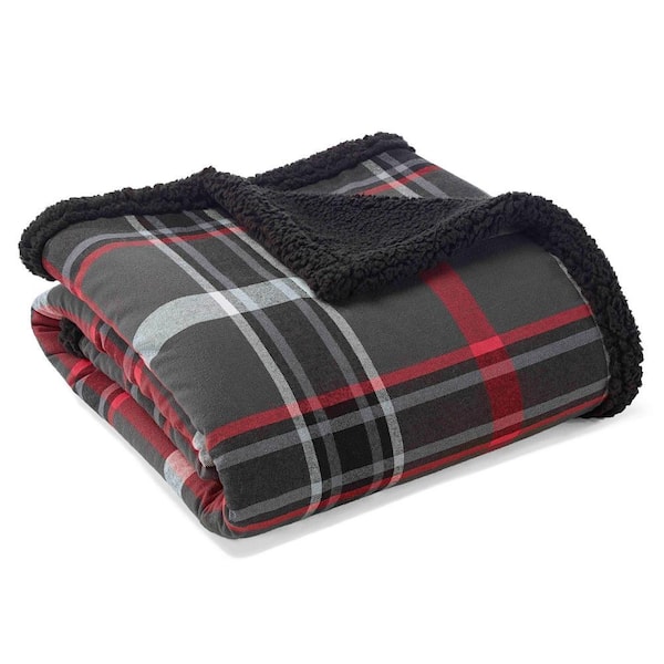 Eddie Bauer Flannel Winslow Gray Plaid Sherpa Reverse Throw
