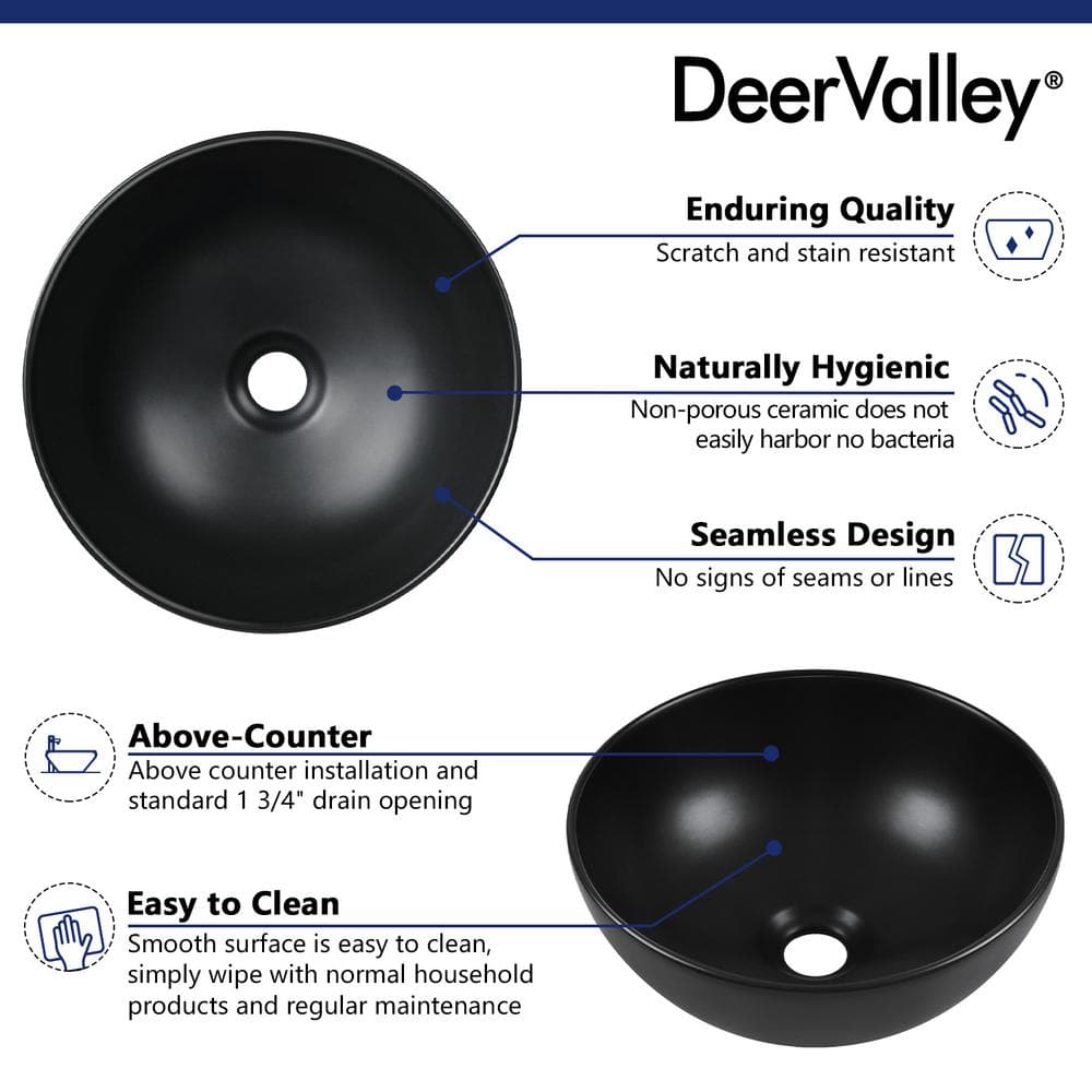 Matte Black Round Ceramic Above-Counter Vessel Sink