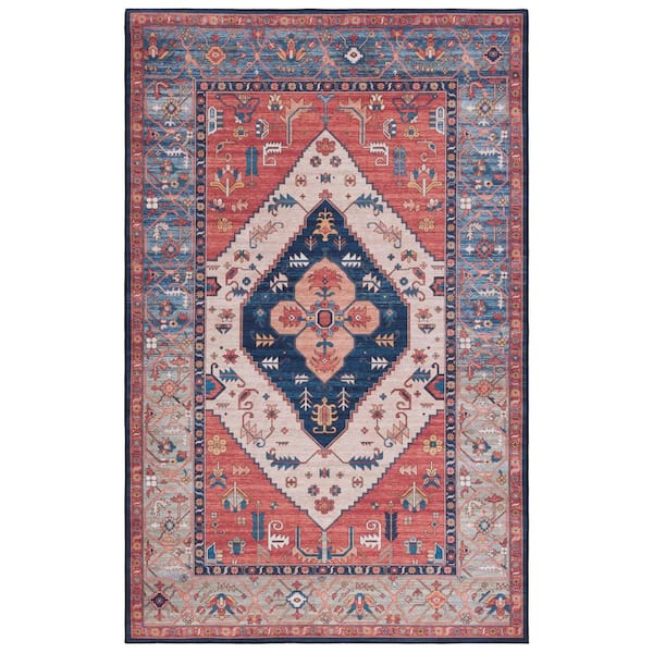 Tucson Rust/Blue 8 ft. x 10 ft. Machine Washable Floral Border Area Rug