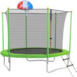 10 ft. Green Round Outdoor Recreational Trampoline with Safety Enclosure Net and Basketball Hoop