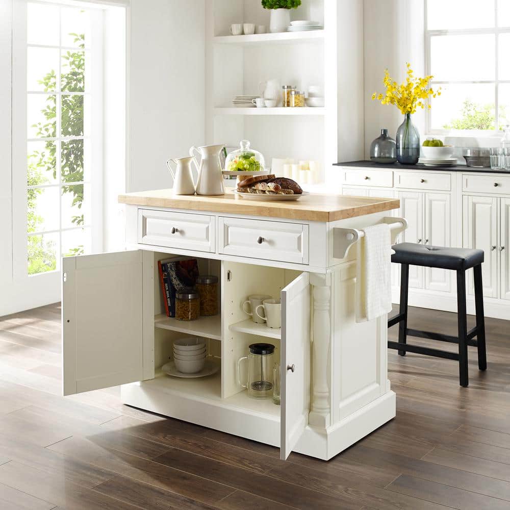 Oxford Solid Wood White Kitchen Island with Butcher Block and Saddle Stools