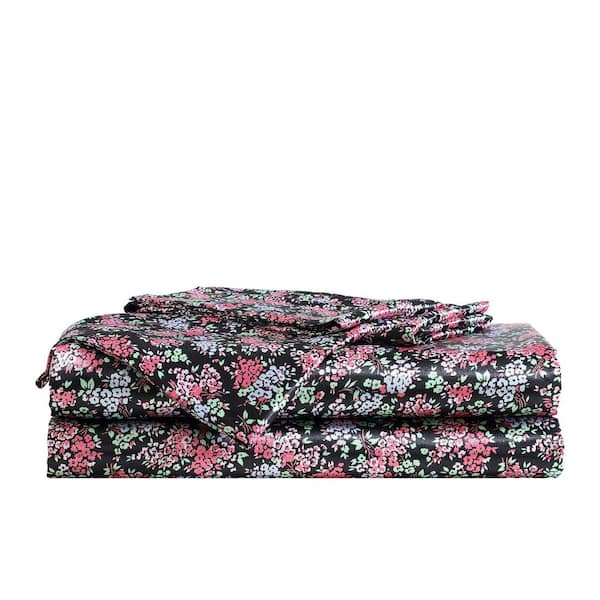 Confetti Floral 4-Piece Black/Pink/Blue Satin King Sheet Set