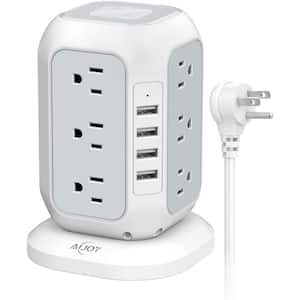 10 ft. Extension Cord Power Strip Tower with 12 AC Outlet and 4 USB Ports with Overload Protection - White