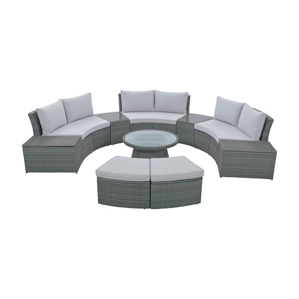Zeus & Ruta Light Gray 10-Piece Half Round Wicker Outdoor Sectional Set with Light Gray Cushions and Table