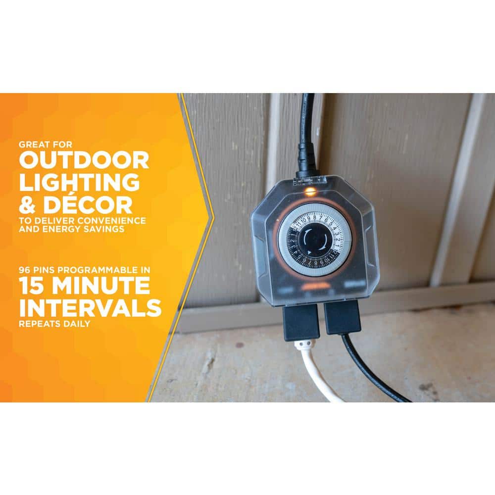Black Outdoor Mechanical Timer with Safety Cover and 2 Outlets
