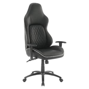 High Stakes Bonded Leather Adjustable Height Ergonomic Gaming Chair in Black with White Accents with Adjustable Arms