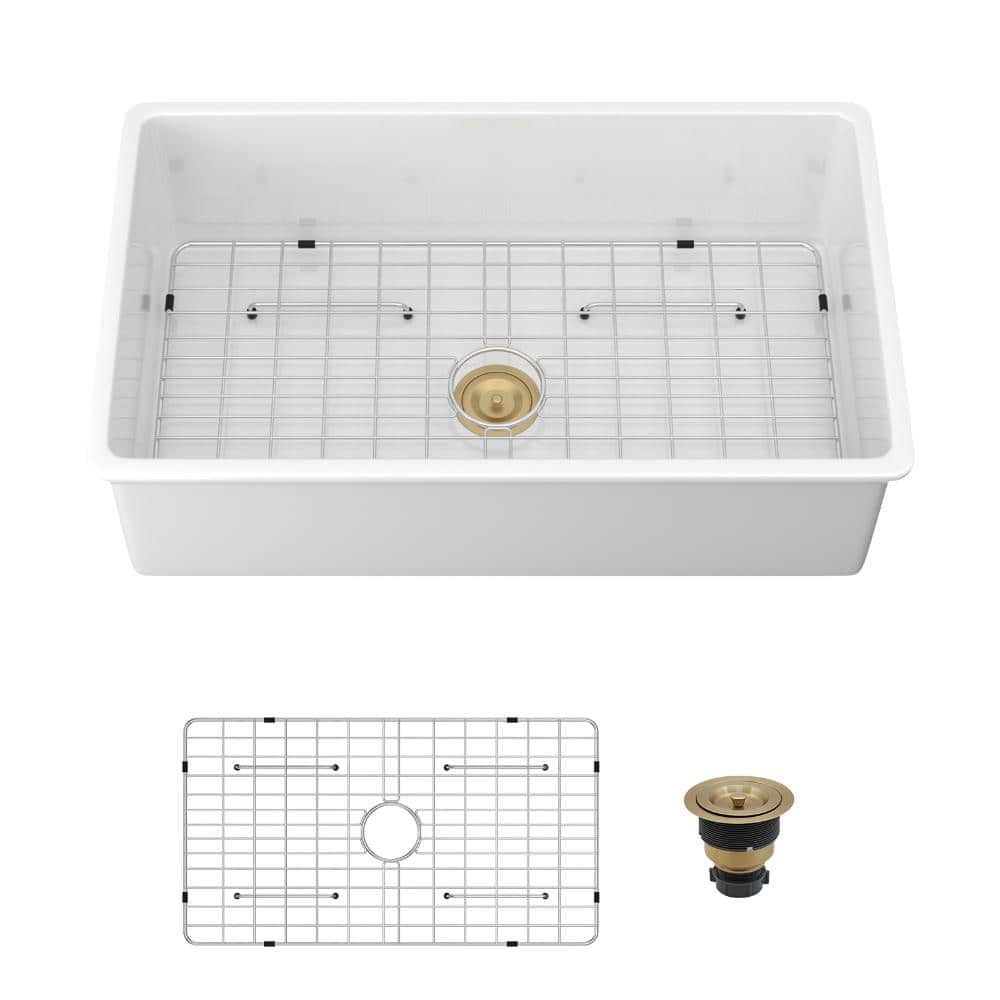 33 in. W x 19 in. . Undermount Single Bowl White Fireclay Ceramic Kitchen Sink with Bottom Grid and Drain price history on PriceWatchPro